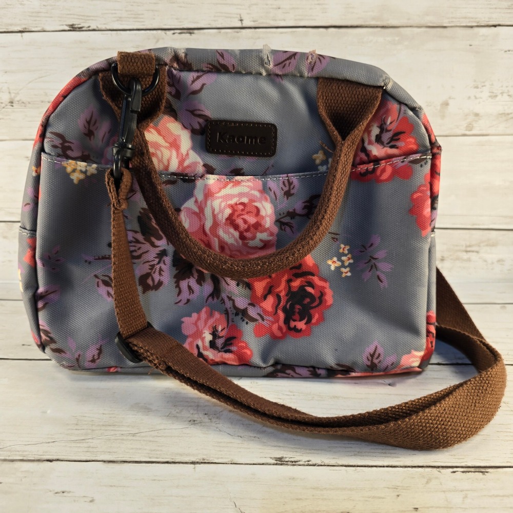Kaome Floral Insulated Lunch Bag Grey Pink Rose Print Crossbody Strap Pouch